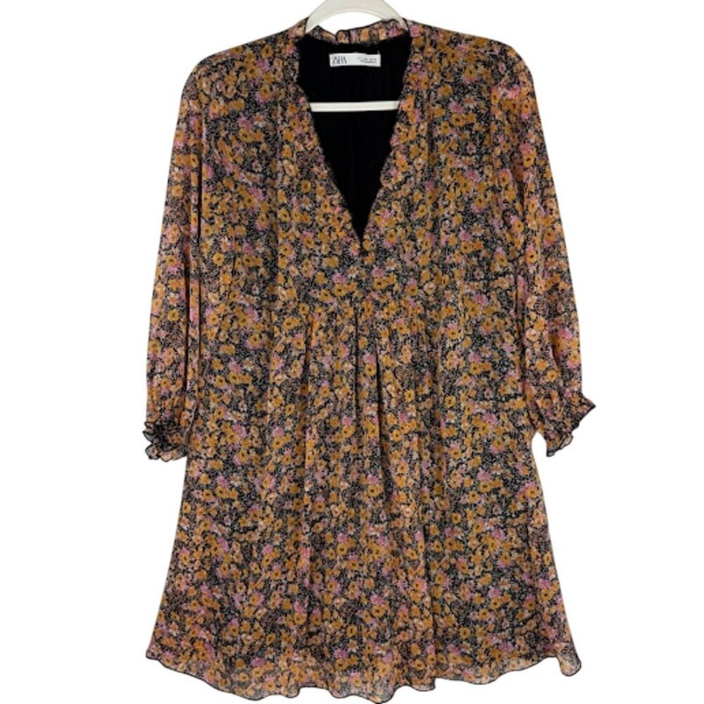 Zara Ditsy Floral Mini Dress Womens Size L V-Neck Sheer‎ Long Sleeve Shift Black